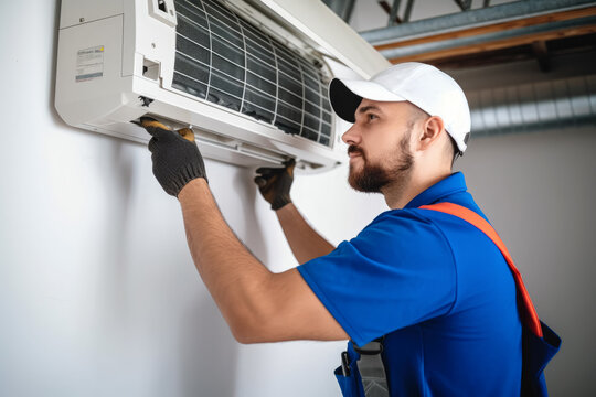 HVAC technician installing a mini split air conditioner in Laguna Beach