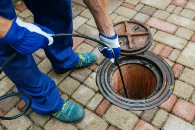 Plumber cleaning an outdoor sewer drain in Laguna Beach