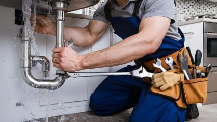 Plumber repairing pipes beneath a sink in Laguna Beach