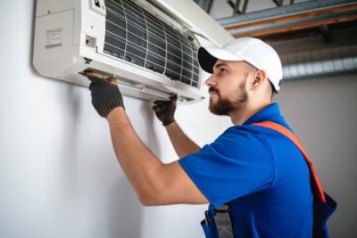 Mini Split AC Installation Laguna Beach HVAC technician installing a mini split air conditioner in Laguna Beach